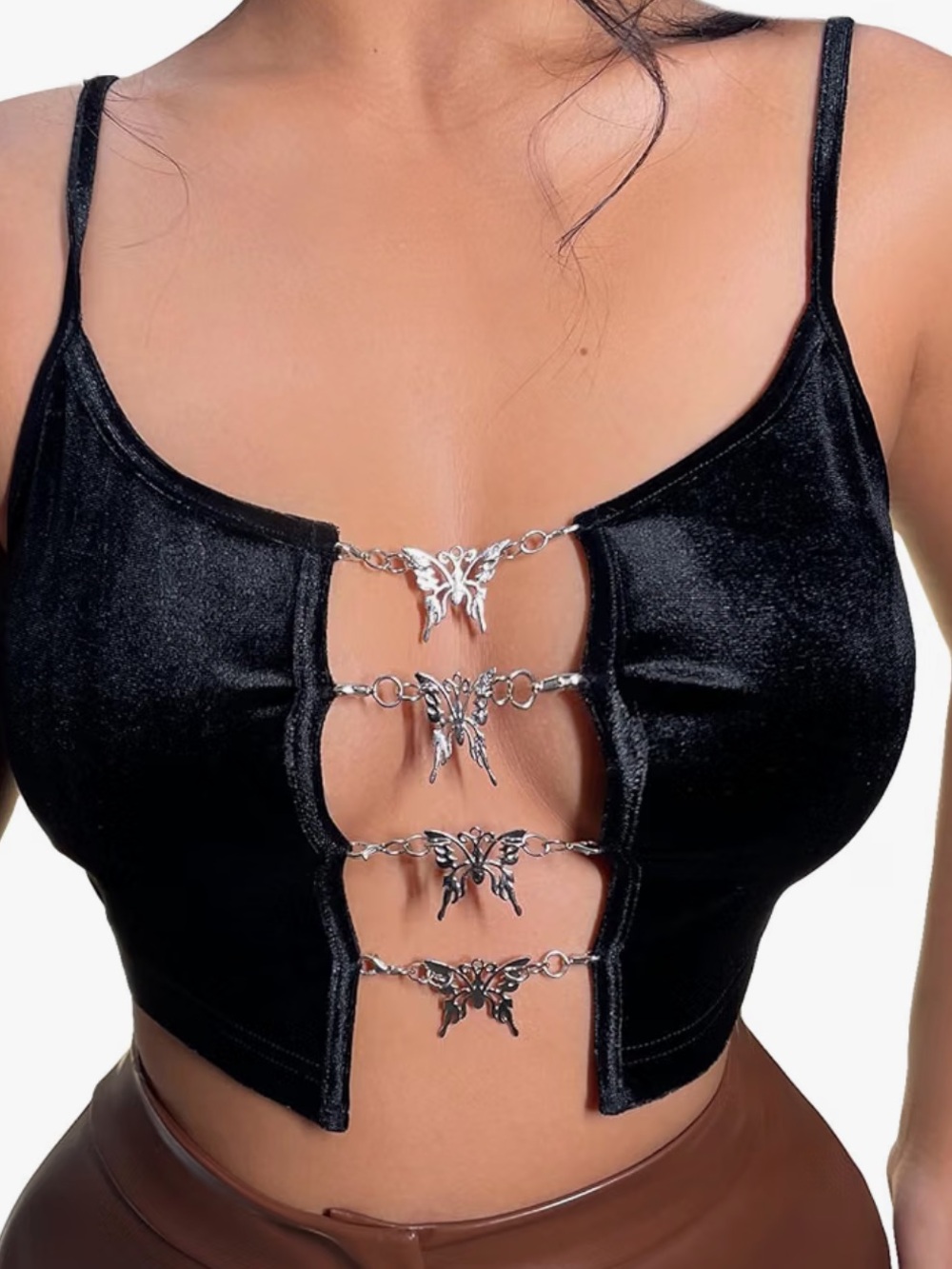Black satin silver butterfly 🦋 tank top crop bralette shirt festival y2k goth